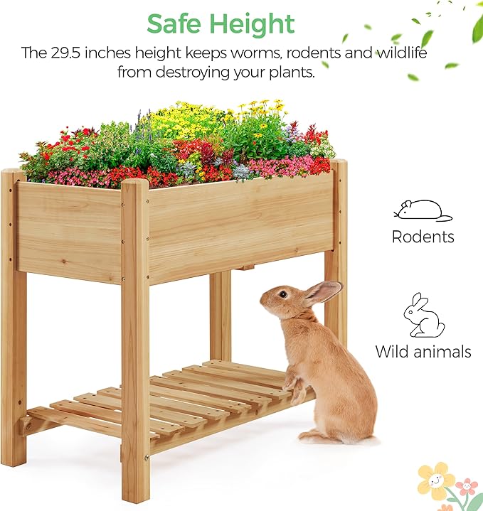 Yaheetech 34x18x30in Horticulture Raised Garden Bed 2pcs Planter Box with Legs & Storage Shelf Wooden Elevated Vegetable Growing Bed for Flowers, Backyard, Patio, Balcony, Light Brown