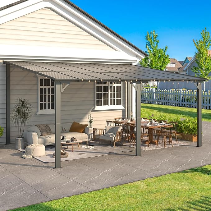 AECOJOY 16' x 12' Gazebo Outdoor Pergola for Patio, 12x16 Large Wall-Mounted Hard Top Lean to Metal Gazebo Shelter Pergolas and Gazebos Clearance with Patio Roof, Heavy Duty Awnings for Decks