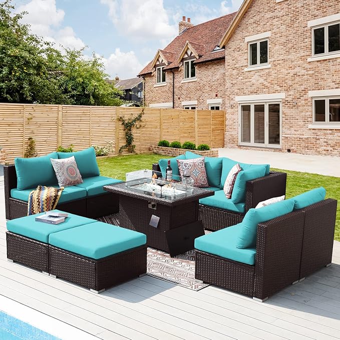 NICESOUL Large Outdoor Patio Furniture Set with Firepit Propane/Natural Gas, High-End Deep Seats Wicker Modular Sectional Sofas for 8, 29.3'' High Back Conversation Sets, Brown Rattan and Teal Cushion