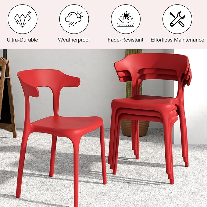 VECELO 4 Pack Plastic Stacking Chairs, Stackable Dining Chairs for Kitchen Restaurant Patio, Portable Indoor Outdoor Use, No Assembly Required, Red