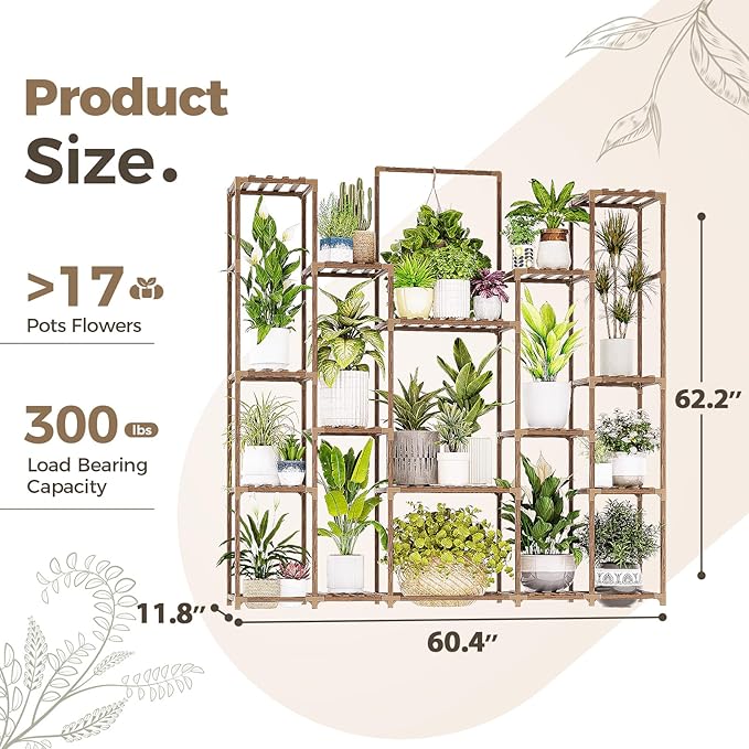Bamworld Plant Shelf Indoor Hanging Plant Stand Outdoor Large Plant Shelves Tall Flower Holder wooden plant stand for Multiple Plants Plant Rack for Living Room Balcony Decor Garden Clearance Deals 17 Pots Plant Table