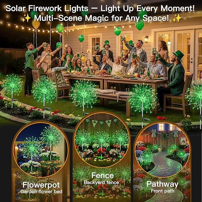 suddus St. Patrick's Day Decorations Solar Firework Lights - 150 LED Green Outdoor Garden Lights, 8 Modes DIY Sparkler Lights, Waterproof Solar Stake Lights for Yard, Pathway Flowerbed Decor (2 Pack)