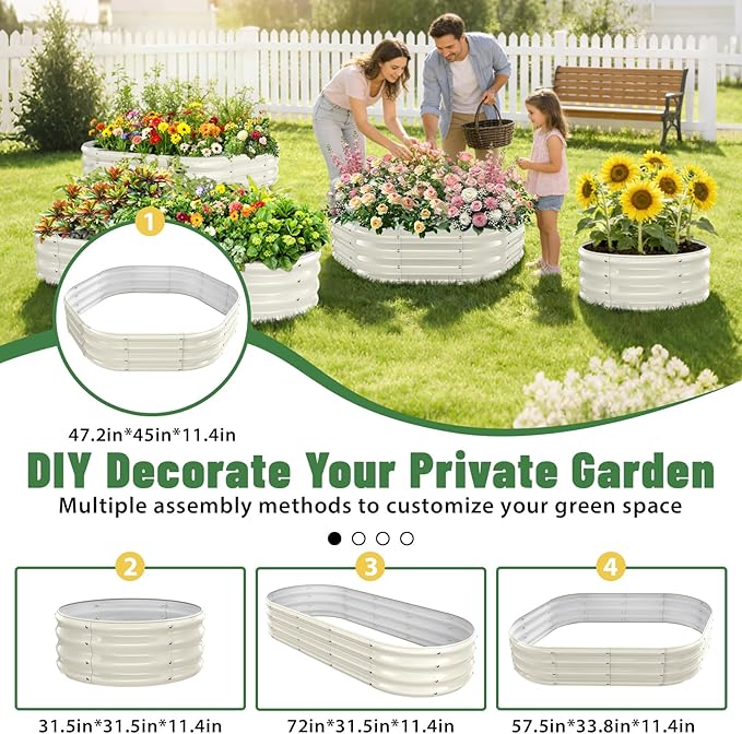 Hexagon Raised Garden Bed, 48 Inch Diagonal & 12 Inch Tall, Galvanized Steel Planter Box with Wave-Shaped Metal Panels for Outdoor Flower,Tree,Herb & Vegetable Garden (Cream white, 4FT X 1FT)