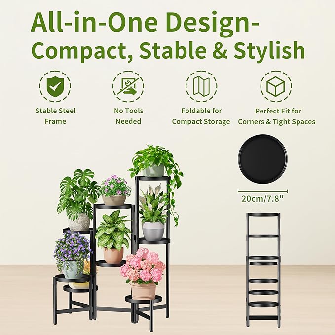 7 Tiered Metal Corner Plant Stand Indoor Outdoor, Tall Large Folding Rack with Rust Proof 7.9 Inch Wide Tray, Heavy Duty Flower Shelf for Multiple Plants for Patio - BlackDisk
