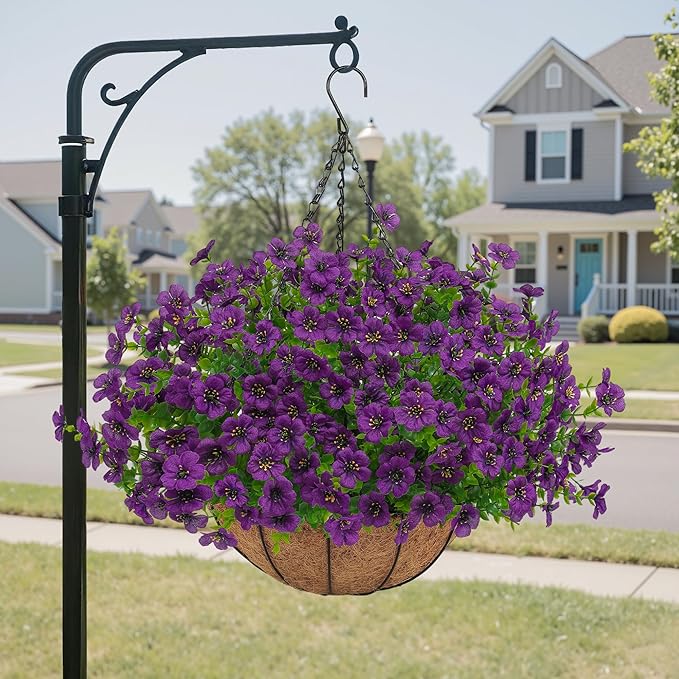Artificial Faux Hanging Plants Flowers Basket for Outdoors Spring Summer Decoration, Hanging Planters with Fake Silk Flowers UV Resistant Realistic for Outside Porch Patio Balcony Garden Home （Purple）