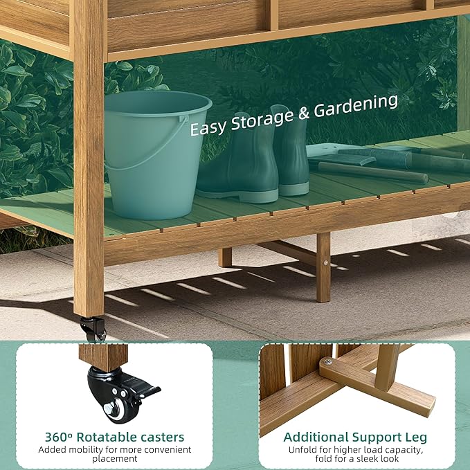 YITAHOME Raised Garden Bed HDPE, 47x18x31In Raised Flower Bed Poly-Wood Weather-Resistant Elevated Planter Box with Lockable Wheels & Storage Shelf for Vegetable Flower, Brown