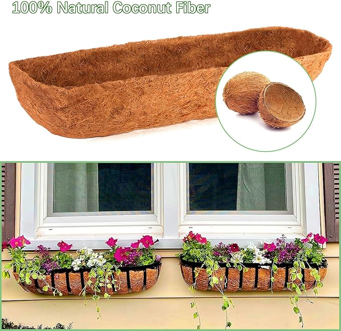 Coco Liners for Planters - 4 Pack 30 Inch Trough Coconut Liners for Planters, Window Box Coco Liners, 100% Natural Coconut Fiber Liners for Wall Hanging Basket, Window Box, Fence Baskets