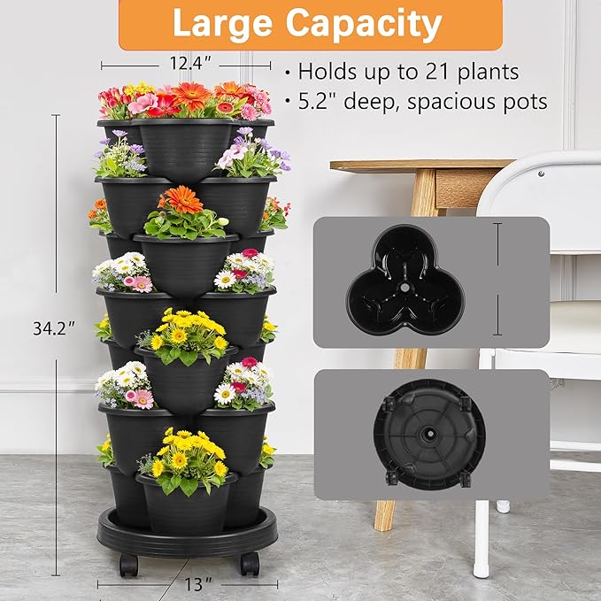 VECELO 7 Tier Vertical Garden Planter, Self Watering Stackable Planters with Wheels for Strawberries, Herbs, Flowers, Vegetables, Black