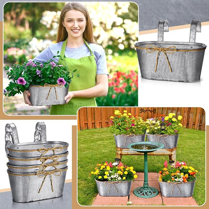 Hicarer 4 Pcs Metal Hanging Flower Pots, 10.6 Inch Vertical Grained Metal Color Outdoor Hanging Planters Window Plant Holder with Detachable Hooks for Railing Fence Balcony Garden Yard