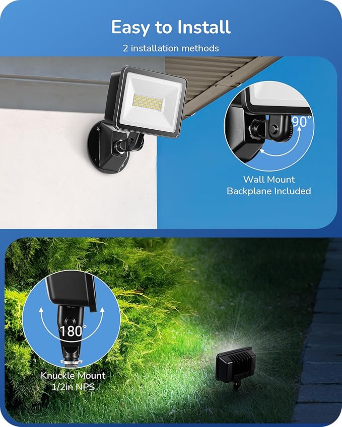 EDISHINE 2 Pack 6800LM LED Flood Lights Outdoor with Knuckle Mount, 46W Super Bright Security Lights, 5000K, IP65 Waterproof Security Flood Light for Garage, Backyard, Garden, Porch, Stair, Pool