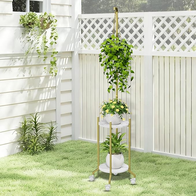 Plant Stand Indoor, 2 Tier Hanging Tall Plant Shelf with Wheels, 3 Potted Corner Flower Stand Metal Plant Holder, Plant Shelves for Living Room, Bedroom, Patio, Outdoor, Gold