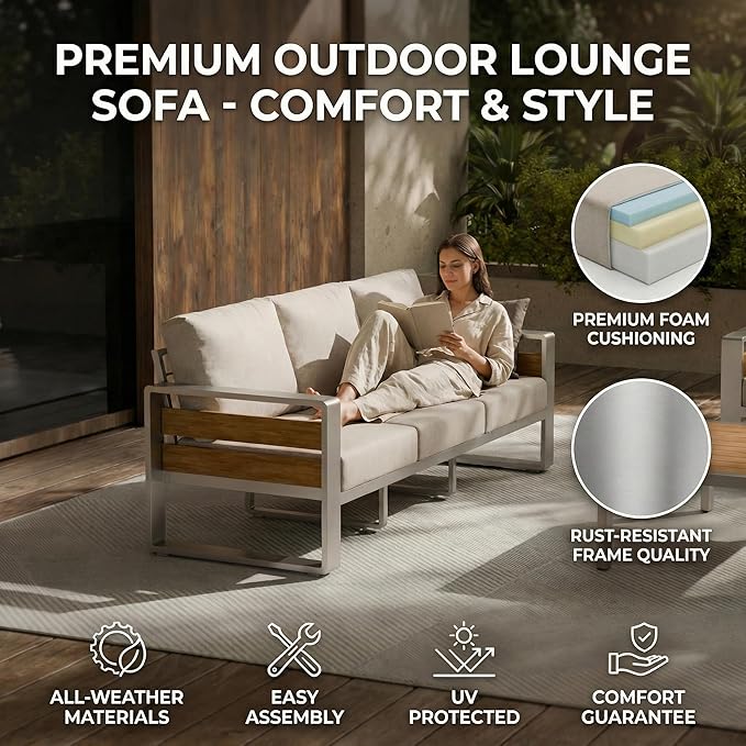ZANDOR Aluminum Outdoor Patio Furniture - 1 Pcs 3-Seat and Coffee Table, All-Weather Metal Modern Outside Furniture with Washable Thick Cushion for Garden/Backyard/Porch, Silver