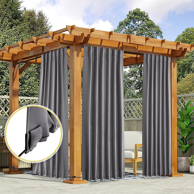 NICETOWN 2 Panels Outdoor Curtains for Patio Waterproof & Windproof, Rod Pocket & Back Tab on Top & Bottom for Privacy and Wind Resistant for Pergola, Free Rope Included, Grey, W52 x L84 per Panel
