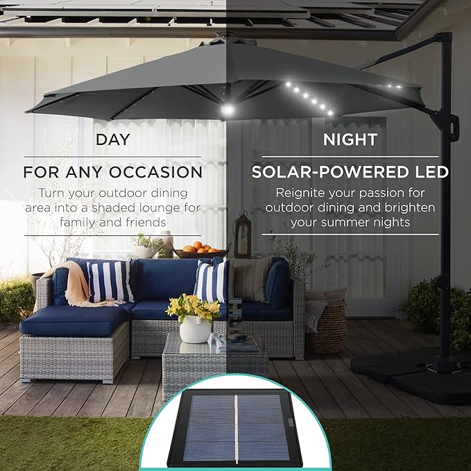 Best Choice Products 10ft Solar LED Cantilever Patio Umbrella, 360-Degree Rotation Hanging Offset Market Outdoor Sun Shade for Backyard, Deck, Poolside w/Lights, Easy Tilt, Cross Base