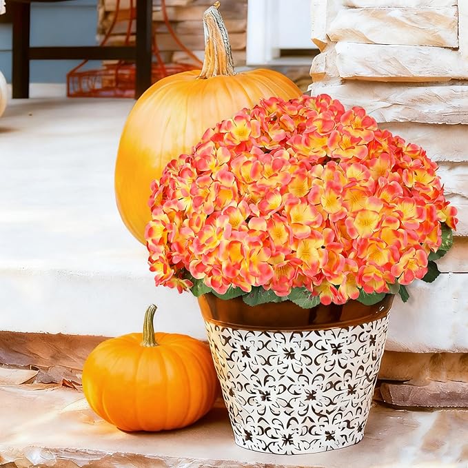 Artificial Fall Flowers for Outdoors, 6 Bundles Realistic Silk Fake Geraniums, No Fade Autumn Faux Plants for Hanging Baskets, Window Boxes, Planters - Porch, Patio, Garden Decor(Sunset)