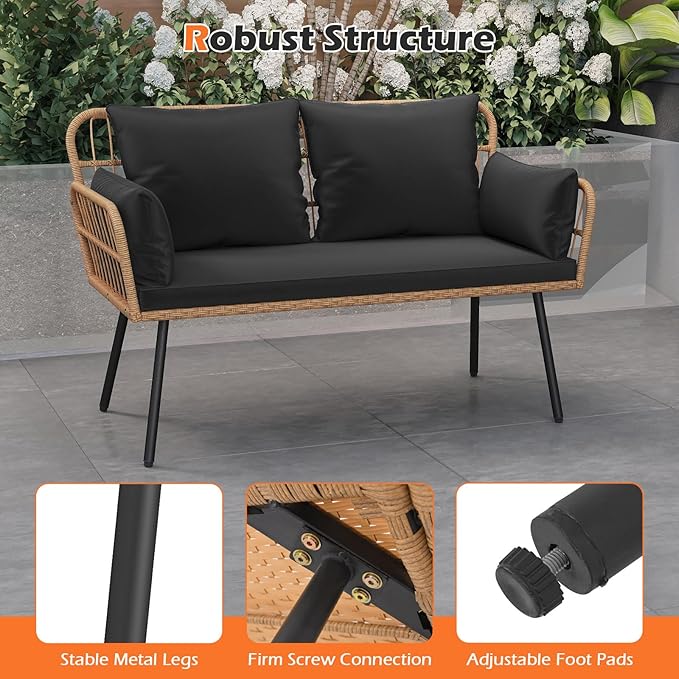 Tangkula Patio Wicker Loveseat, Outdoor Rattan 2-Seat Cushioned Sofa with Heavy Duty Metal Frame, for Backyard,Porch,Poolside (Black)