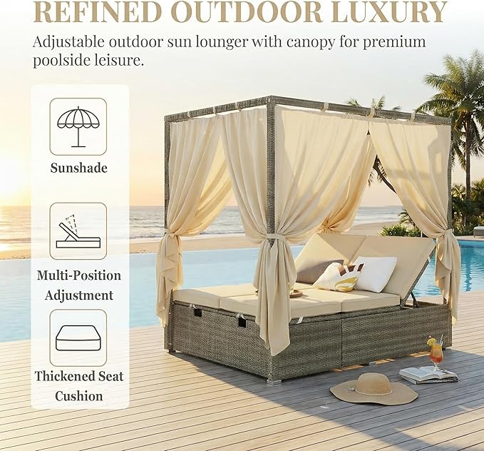 Harper & Bright Designs Adjustable Outdoor Sun Lounger with Canopy,Multi-Position Recline Patio Chair with Removable Cushion,Weather-Resistant Rattan Chaise Lounge for Poolside,Garden & Terrace,Beige
