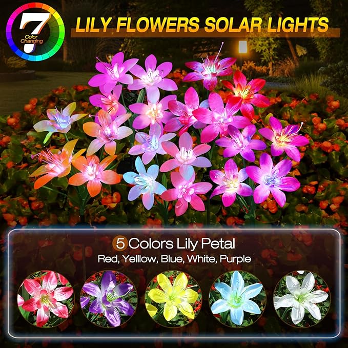 Aukora Solar Garden Lights Outdoor 10 Pack, 5 Colors Lily Flowers & 7-Color Changing Led Lights for Outside, Solar Outdoor Light Waterproof for Pathway Patio Yard Decor, Red Yellow Blue White Purple