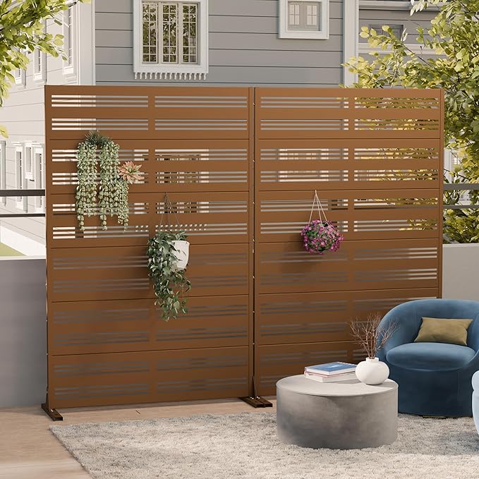 Casaphoria Metal Privacy Screen Outdoor, 72" H x 47" W Freestanding Decorative Privacy Screen for Patio Deck Balcony Garden with Stable Base, Brown-Harold