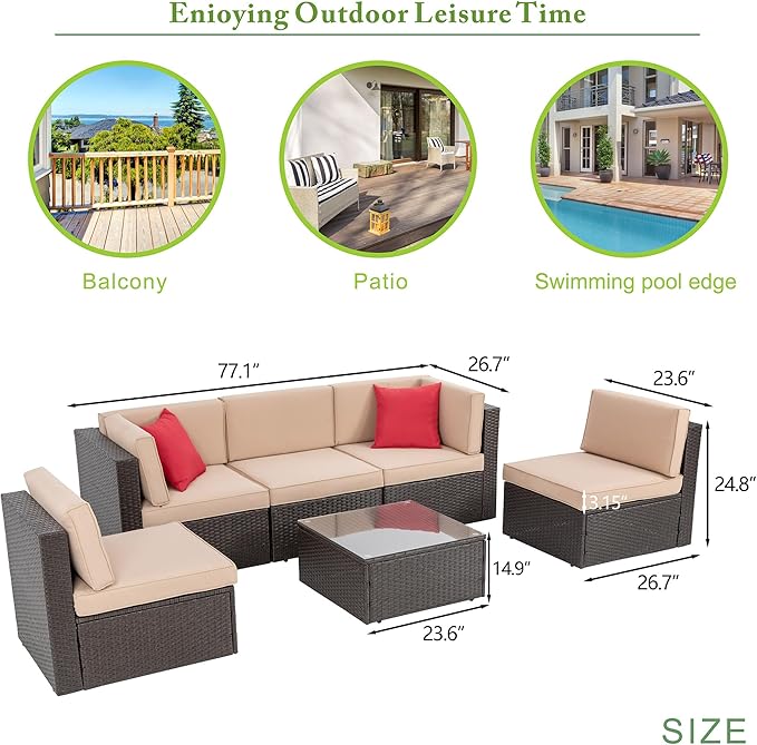 Vongrasig 6 Piece Patio Furniture Set, Small Outdoor Sectional Sofa Couch, All Weather PE Wicker L-Shaped Corner Patio Sofa Garden Backyard Patio Conversation Set w/Glass Table, Beige