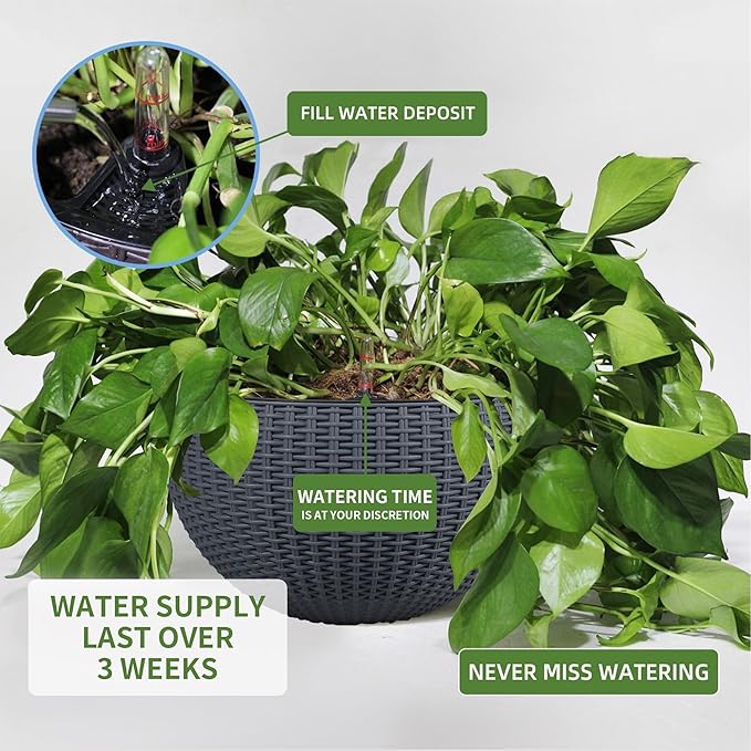 Dexceder 9 Inch Self Watering Hanging Planters Indoor Outdoor, Thickened Hanging Basket Flower Plant Pot with Water Level Indicator (Gray)