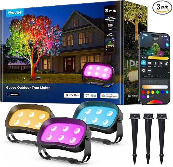 Govee Outdoor Tree Lights 3-Pack, RGBWIC LED Landscape Lighting, Outdoor Lights for Yard Garden Patio, 66 Scene Modes for Holiday Party and Event, App Control, Google Assistant, Matter