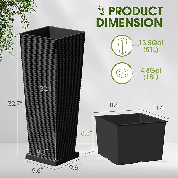 Devoko Resin Tall Planters with Tray for Outdoor Plants Set of 2, Large Taper Outdoor Planter Pots with 4 Drainage Holes, Flower Pots Modern Decor for Porch, Patio, Backyard, Garden(Black, 32")