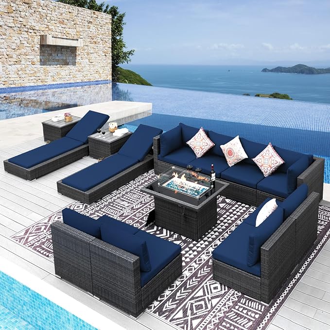 NICESOUL 13 Pcs Outdoor Furniture with Fire Pit, 29.3'' High Back Large Patio Couch Set with Fire Pit Table & Chaise Lounge, Extra Wide Deep Seat Sectional Sofa and Lounger for Deck, Grey & Navy Blue