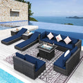 NICESOUL 13 Pcs Outdoor Furniture with Fire Pit, 29.3'' High Back Large Patio Couch Set with Fire Pit Table & Chaise Lounge, Extra Wide Deep Seat Sectional Sofa and Lounger for Deck, Grey & Navy Blue