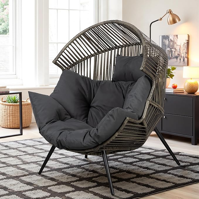Vongrasig Wicker Egg Chair PE Rattan Chair with Cushion, Oversized Patio Lounge Chair for Outdoor, Indoor, Balcony, Backyard, Garden, Living Room, (Black/Rattan)