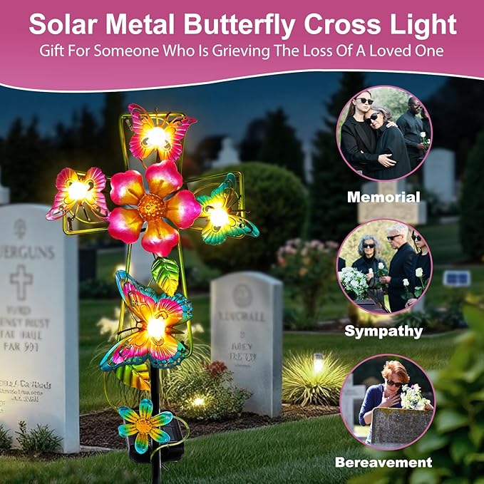 Solar Butterfly Cross Garden Stake Light, Metal Cross Cemetery Decorations for Grave Outdoor Lights, Sympathy Memorial Gifts, for Garden Lawn Yard Patio Decor