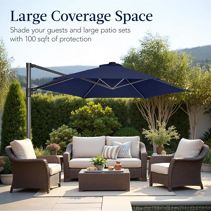Best Choice Products 10ft Offset Cantilever Hanging Market Patio Umbrella, Smooth 360° Rotation, 8 Sturdy Ribs, Easy Adjustment - Navy Blue