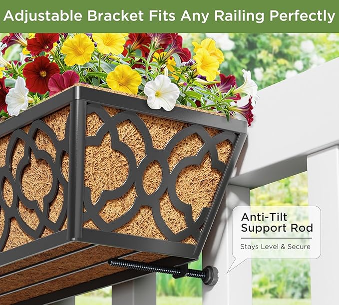 HFHOME 4 Pcs 30" Window Box Deck Railing Planter with Horse Trough Coco Liners, Black Metal Hanging Flower Planters Baskets for Indoor, Outdoor, Balcony, Porch, Fence, Patio, and Lawn