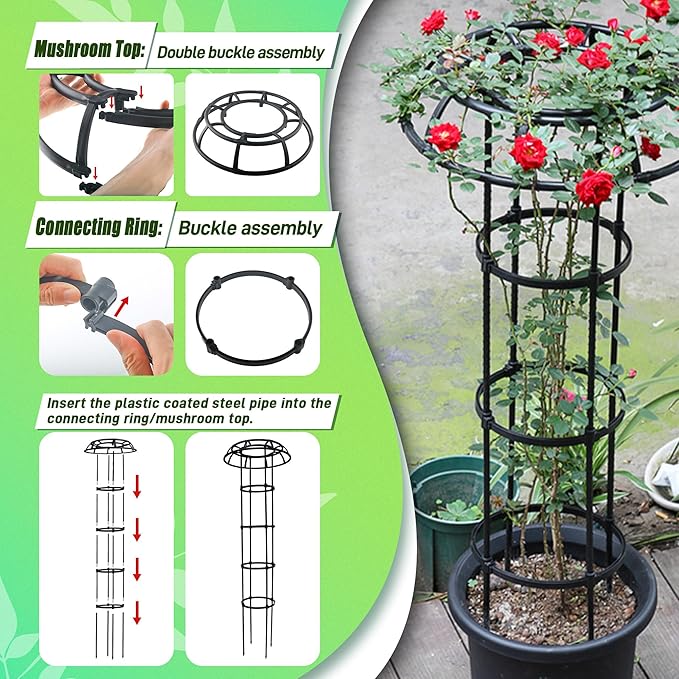 Garden Trellis for Climbing Plants Outdoor, 65 Inch Mushroom Top Trellis for Climbing Plants, Plant Trellis Support for Potted Plants Climbing Vine Rose Clematis Vegetable Trellis, 2 Pack