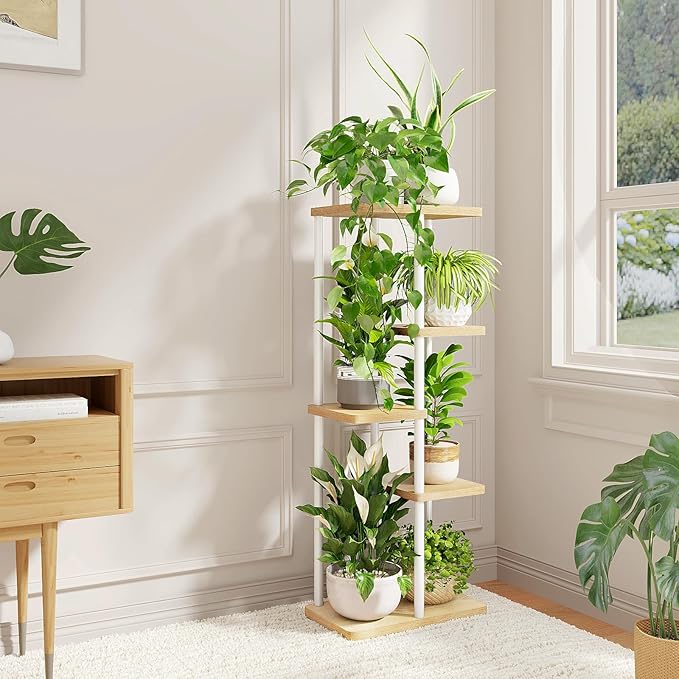 Bamworld Corner Plant Stand Indoor 5 Tier white Plant Shelf for Multiple Plants, Tiered Flower Pot Stands for Patio Garden Balcony Living Room Bedroom, White