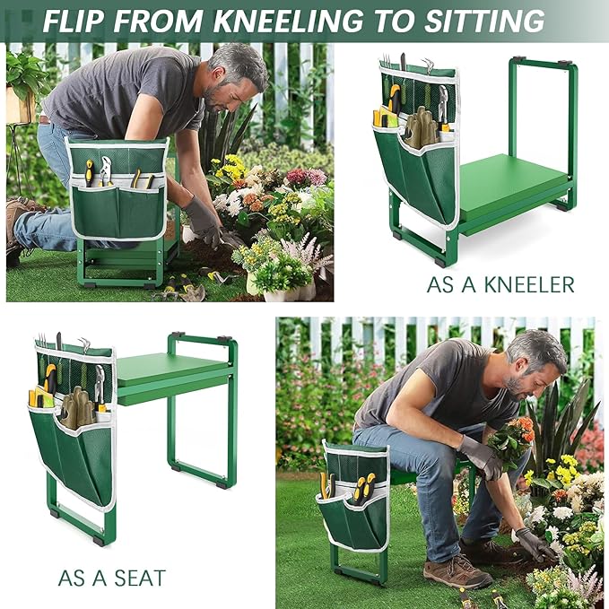 FLINTER 10.2" Wider Garden Kneeler and Seat, Heavy Duty Thick Gardening Bench for Kneeling and Seat - Garden Kneelers for Seniors, Gardening Stools for Women, Grandparents, Gardeners, Green