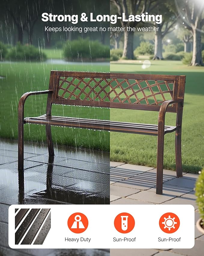 VEVOR Outdoor Bench, 46 inch, Carbon Steel Metal Frame with PVC Mesh Pattern Backrest and Round Edge Armrests, Weatherproof Outside Bench for Patio, Garden, Park, Yard, Front Porch, Antique Bronze