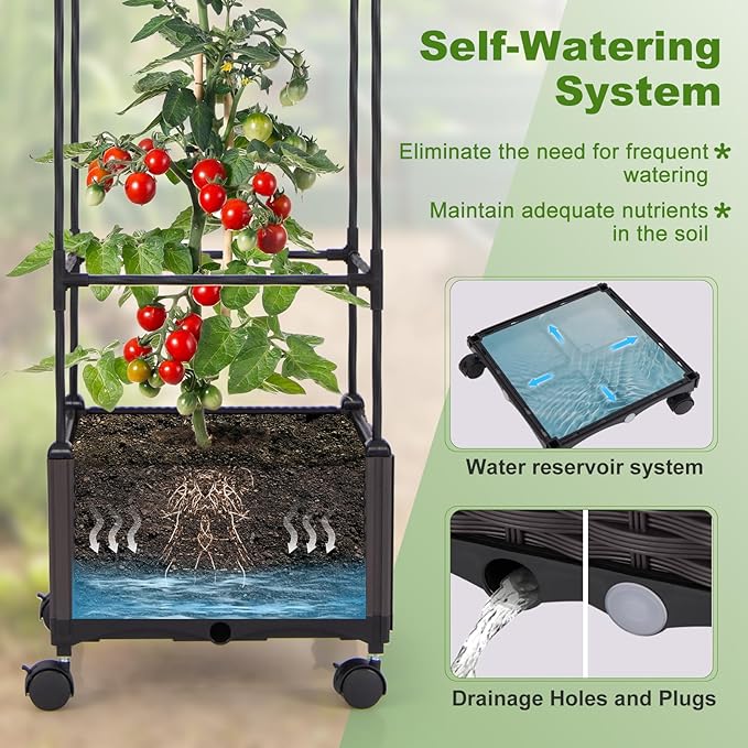 Giantex Raised Garden Bed with Tomato Cages, 67” Adjustable Height, Self Watering Planter Garden Box with Wheels, Trellis for Climbing Plants Vegetable Flower