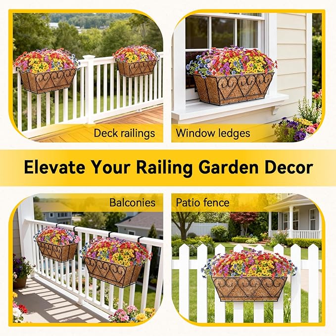 ZeeDix Railing Planter Boxes with Artificial Flowers, 2 Pack 16 Inch Window Box Planter with 24 Pack Fake Flowers for Deck Porch Patio Balcony Garden Home Decor