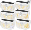 HMCITY 120 LED Solar Lights Outdoor with Motion Sensor and 3 Lighting Modes, IP65 Waterproof Wide Solar Wall Lights Ideal for Garden Patio Yard (Front Button 6Packs, White Shell-Warm White)