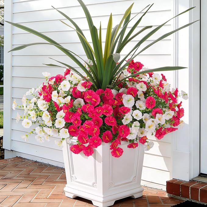 Artificial Flowers for Outdoors Fake Plants Outside, 12 Bundles Silk Morning Glory with Eucalyptus + Orchid Leaf UV Resistant Realistic Faux Flowers for Porch Planter Garden Patio (White Hot Pink)