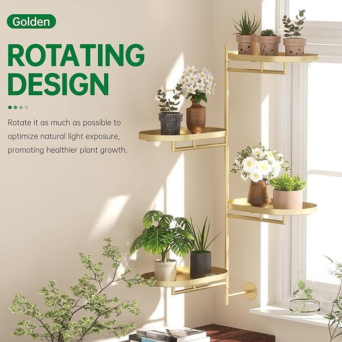 Rotating Window Shelves for Multiple Plants Indoor,4-tier Metal Corner golden Plant Stand Holder Floating Hanger Shelf for Wall，Windows Sill Gifts for Planter Lover to Enhance Home Decor