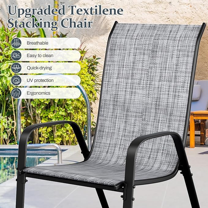 TLSUNNY 7 Pieces Patio Dining Set, Outdoor Table and Chairs W/1.69″ Umbrella Hole, 30"X 55" Table and Stackable Textilene Chair, All Weather Patio Furniture Set (Umbrella not Included) (Grey)