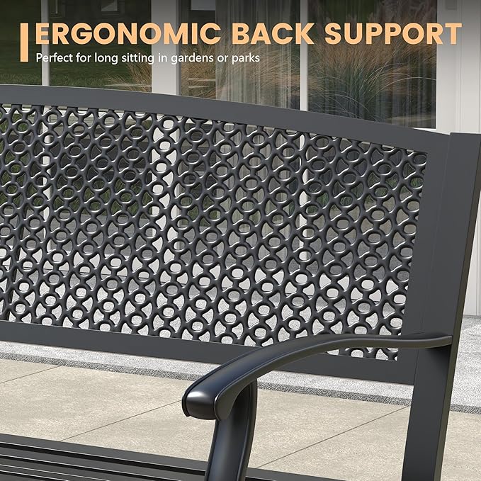 50.4" Garden Bench, Metal Outdoor Bench with Backrest and Curved Armrests for Patio Porch Lawn, Black