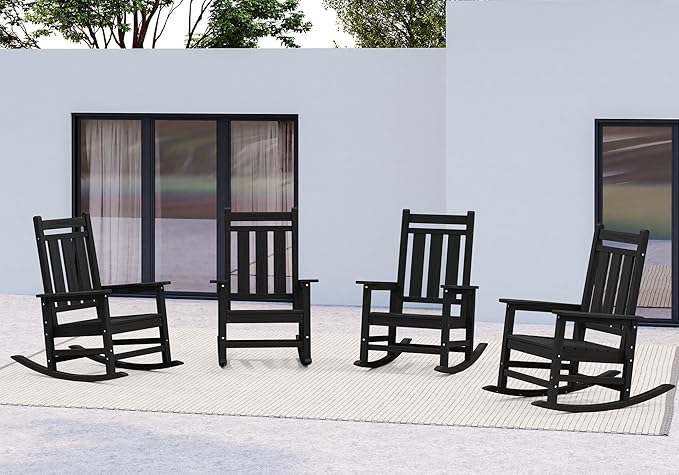 KINGYES Oversized Outdoor Rocking Chair Set of 4, All-Weather Patio Rocking Chairs for Porch, HDPE Outdoor Patio Rockers with High Back & Wide Seat for Garden, Lawn, Black