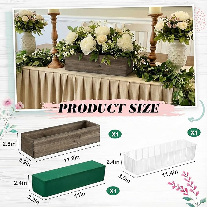 Dandat 1 Set Wood Boxes for Centerpieces 12x4 Inch Rectangle Wooden Planter Box Rustic Wooden Planters with Removable Plastic Liner Floral Foam Blocks for Christmas Wedding Home Garden Decor(Brown)