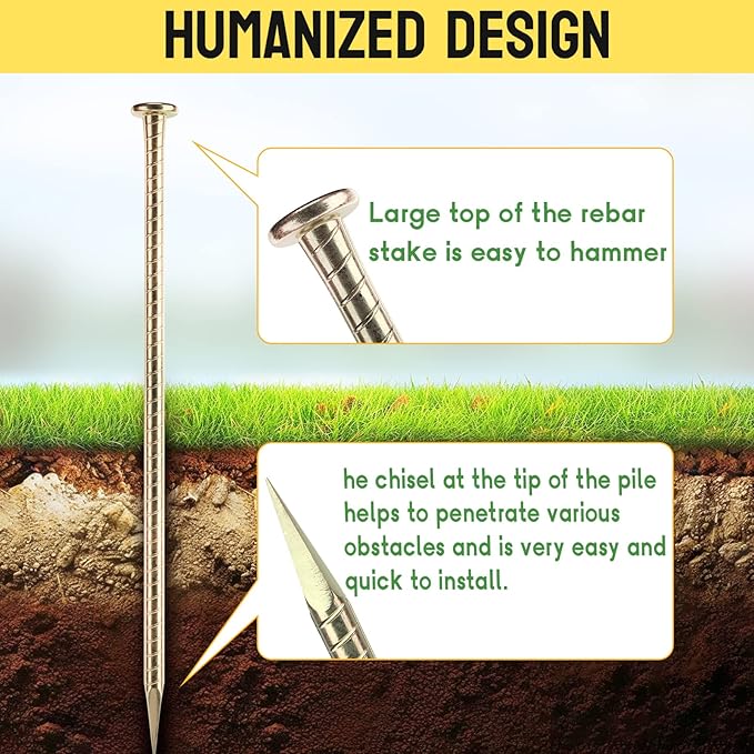 16 Inch Rebar Stakes - 1/2 Inch Diameter Galvanized Steel Ground Anchors - Heavy Duty Plant Support Garden Stake for Speed Bump, Wheel Stop, Tent (6 Pack)