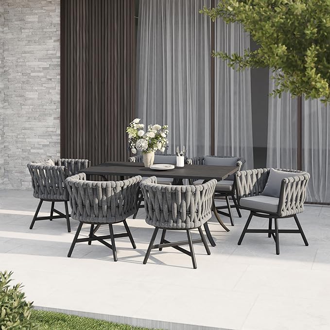 Grand patio 7-Piece Outdoor Dining Set for 6, Patio Dining Furniture Set for 6 Swivel Rope Wicker Chairs & 1 Bent Legs Rectangular Dining Faux Woodgrain Table with Umbrella Hole, Dark Gray