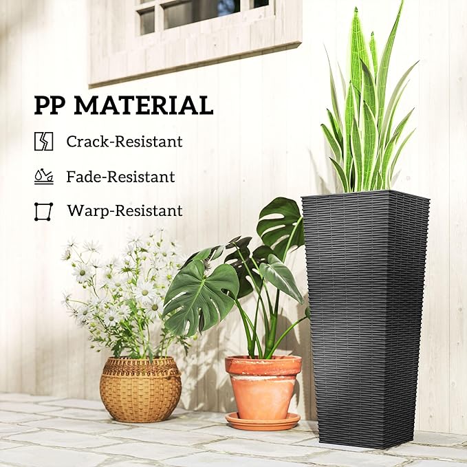 Outsunny 23.6 Inch Tall Planters for Outdoor Plants, Set of 2 Plastic Rattan-Like Flower Pots with Drainage Holes, Stackable Tapered Planters for Indoor Plants, Front Porch, Black