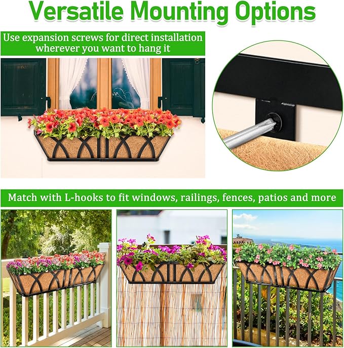 Riare 2 Pack 24 Inch Metal Railing Planter Window Box with Coco Liner- Adjustable Window Flower Boxes for Railings, Hanging Rail Planters for Deck, Balcony, Porch, Fence, Indoor Outdoor Plants